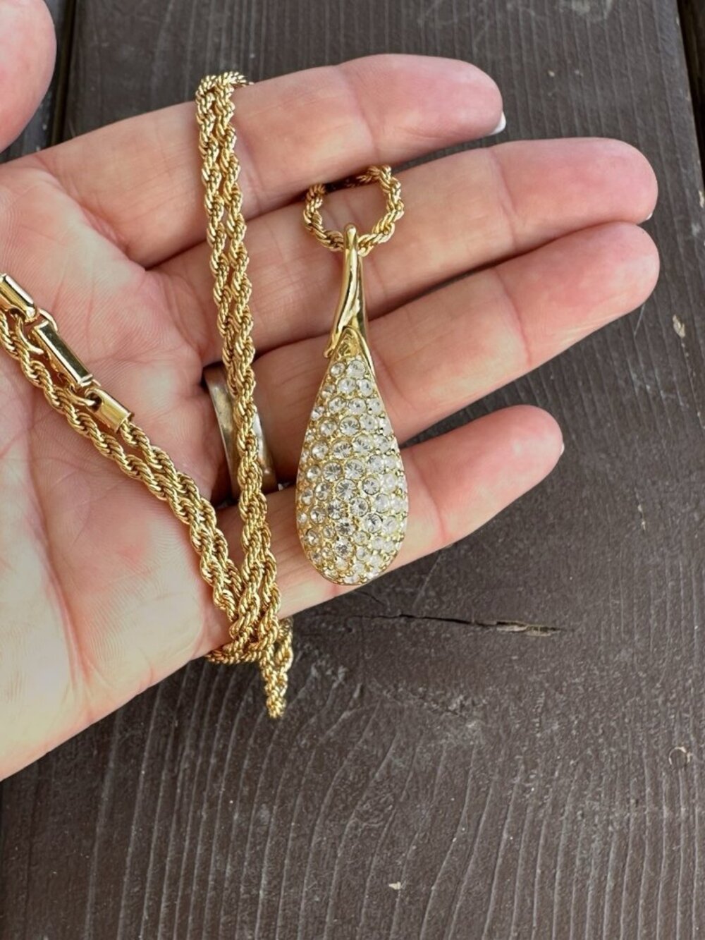 Signed Swarovski Crystal Large Tear Drop Pendant Necklace Gold Plated 30"